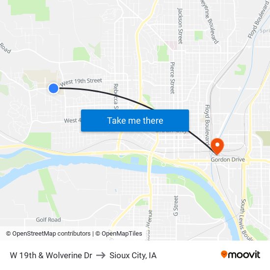 W 19th & Wolverine Dr to Sioux City, IA map