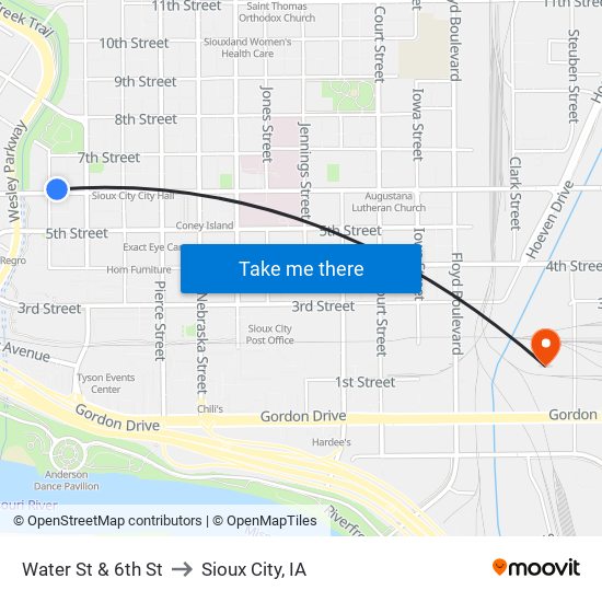 Water St & 6th St to Sioux City, IA map