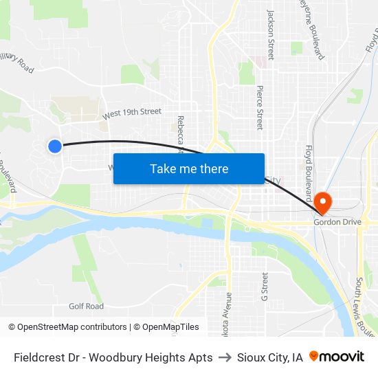 Fieldcrest Dr - Woodbury Heights Apts to Sioux City, IA map