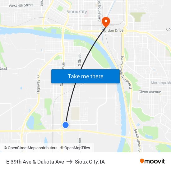 E 39th Ave & Dakota Ave to Sioux City, IA map