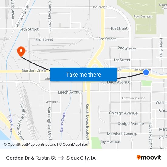 Gordon Dr & Rustin St to Sioux City, IA map