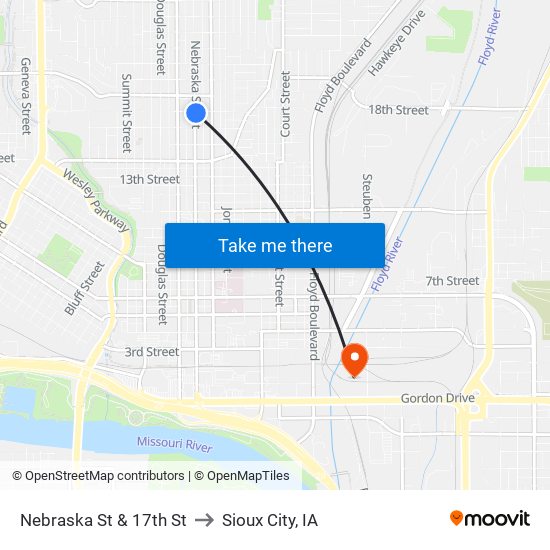 Nebraska St & 17th St to Sioux City, IA map