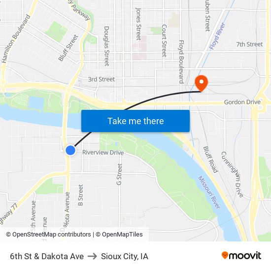 6th St & Dakota Ave to Sioux City, IA map