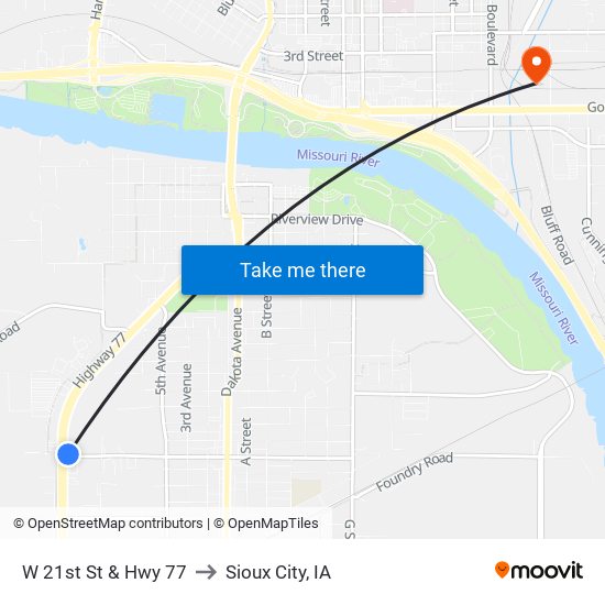 W 21st St & Hwy 77 to Sioux City, IA map