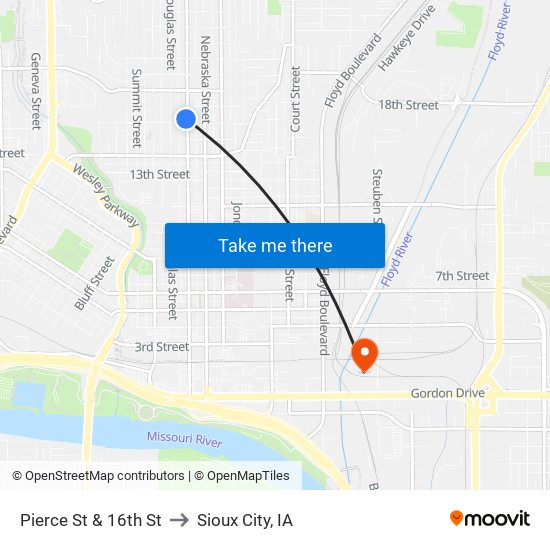 Pierce St & 16th St to Sioux City, IA map