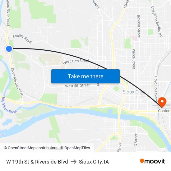 W 19th St & Riverside Blvd to Sioux City, IA map