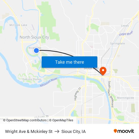 Wright Ave & Mckinley St to Sioux City, IA map