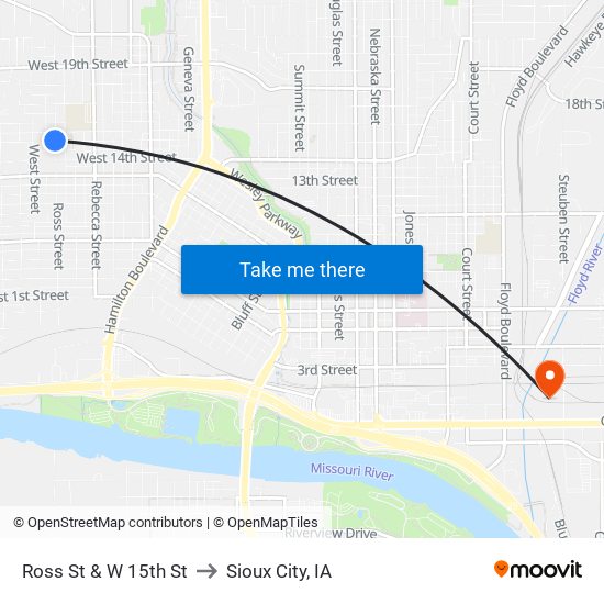 Ross St & W 15th St to Sioux City, IA map