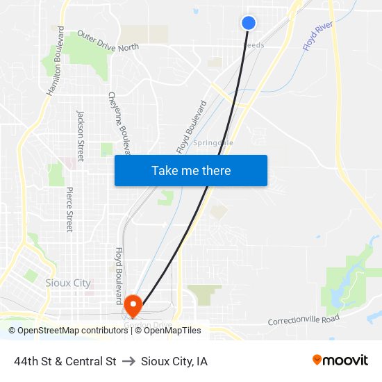 44th St & Central St to Sioux City, IA map