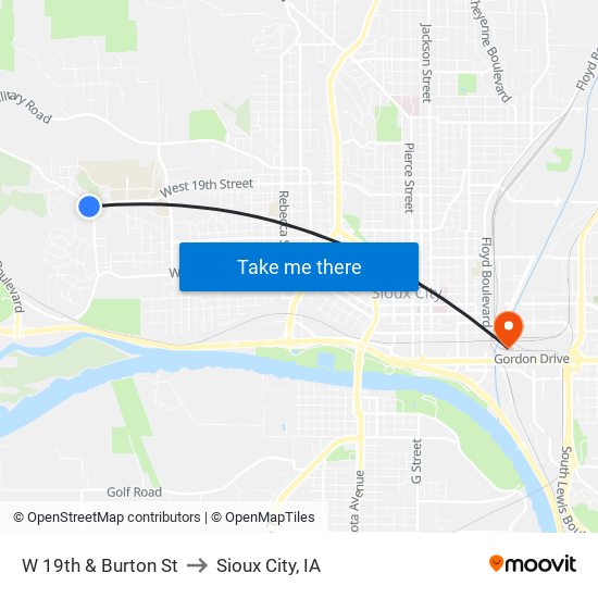 W 19th & Burton St to Sioux City, IA map