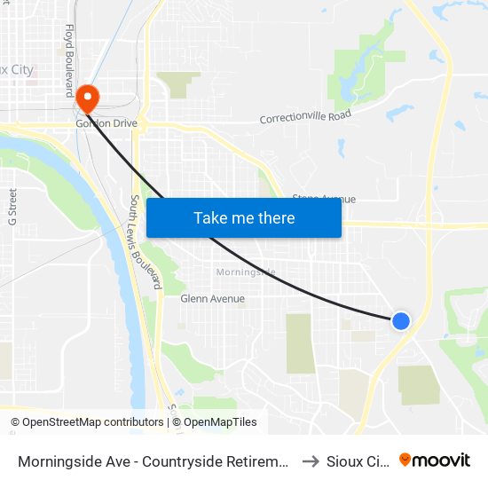 Morningside Ave - Countryside Retirement Community to Sioux City, IA map