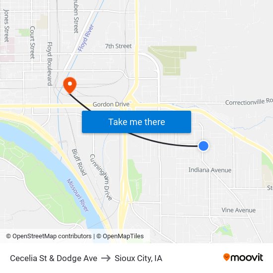 Cecelia St & Dodge Ave to Sioux City, IA map
