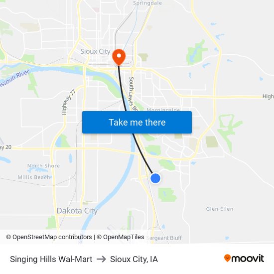 Singing Hills Wal-Mart to Sioux City, IA map