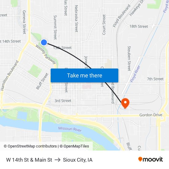 W 14th St & Main St to Sioux City, IA map