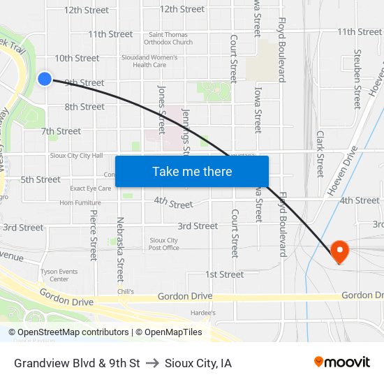 Grandview Blvd & 9th St to Sioux City, IA map