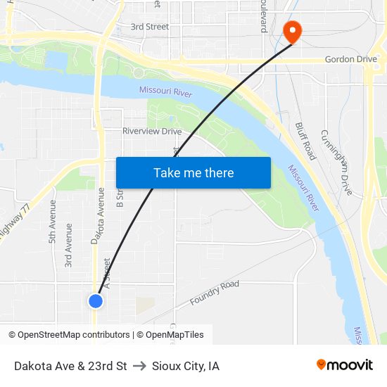 Dakota Ave & 23rd St to Sioux City, IA map