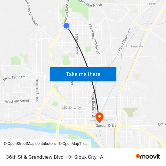 36th St & Grandview Blvd to Sioux City, IA map