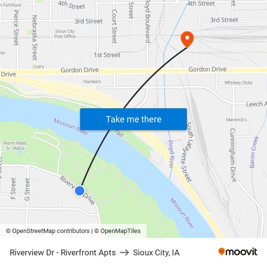Riverview Dr - Riverfront Apts to Sioux City, IA map