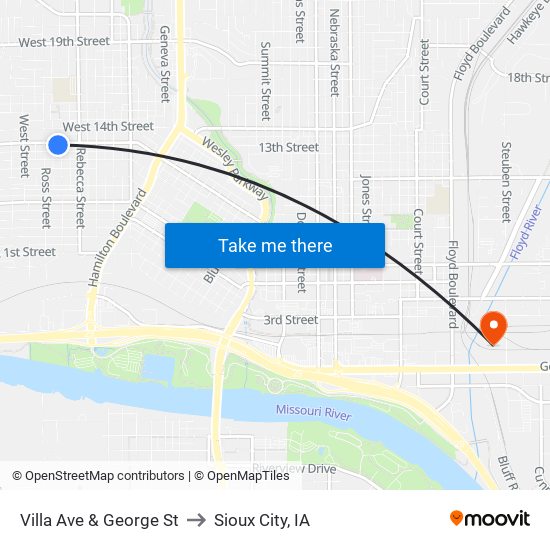 Villa Ave & George St to Sioux City, IA map