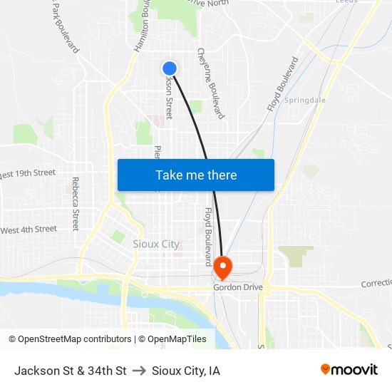 Jackson St & 34th St to Sioux City, IA map