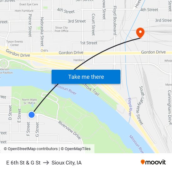 E 6th St & G St to Sioux City, IA map