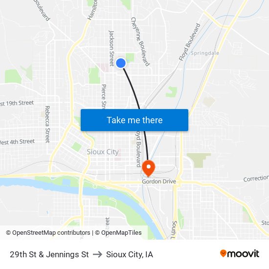 29th St & Jennings St to Sioux City, IA map