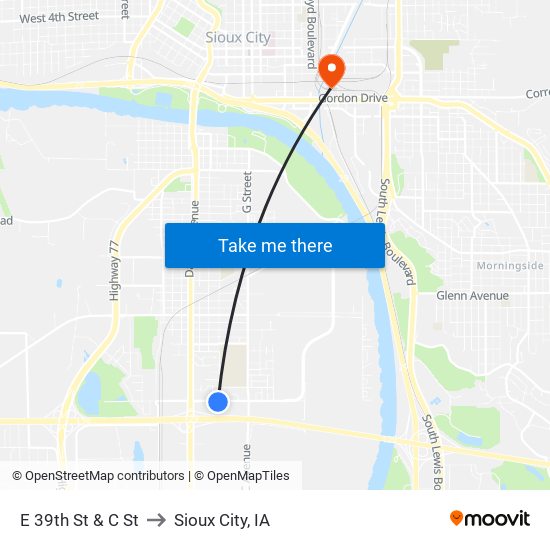 E 39th St & C St to Sioux City, IA map