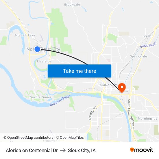 Alorica on Centennial Dr to Sioux City, IA map