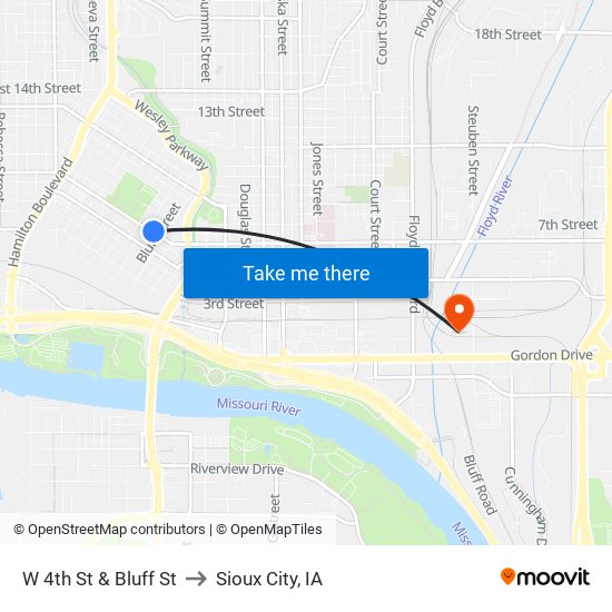 W 4th St & Bluff St to Sioux City, IA map