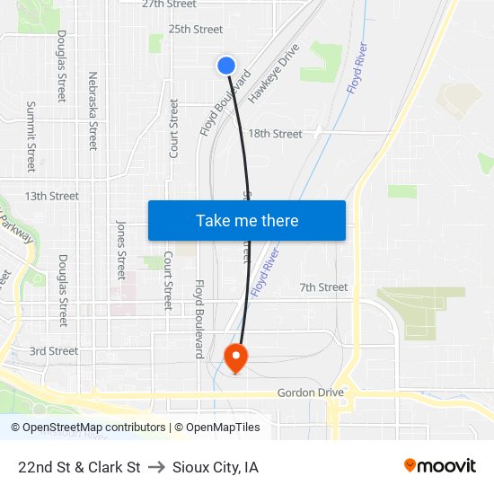 22nd St & Clark St to Sioux City, IA map