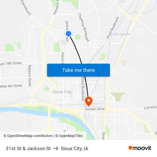 31st St & Jackson St to Sioux City, IA map