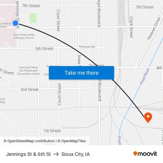 Jennings St & 6th St to Sioux City, IA map