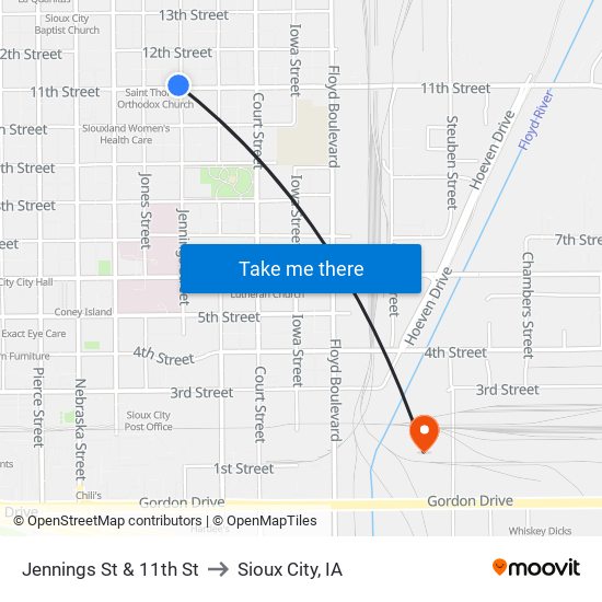 Jennings St & 11th St to Sioux City, IA map