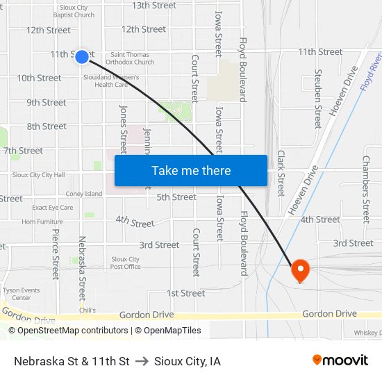 Nebraska St & 11th St to Sioux City, IA map