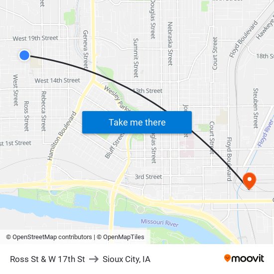 Ross St & W 17th St to Sioux City, IA map