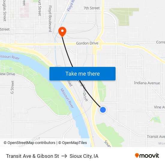 Transit Ave & Gibson St to Sioux City, IA map