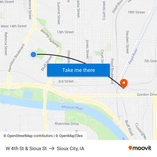 W 4th St & Sioux St to Sioux City, IA map