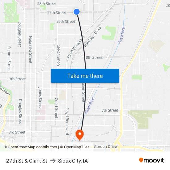 27th St & Clark St to Sioux City, IA map