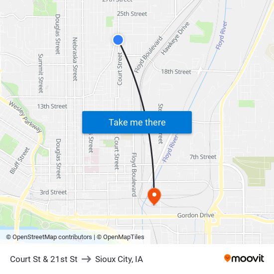 Court St & 21st St to Sioux City, IA map