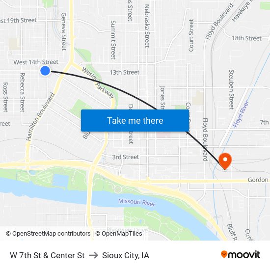 W 7th St & Center St to Sioux City, IA map