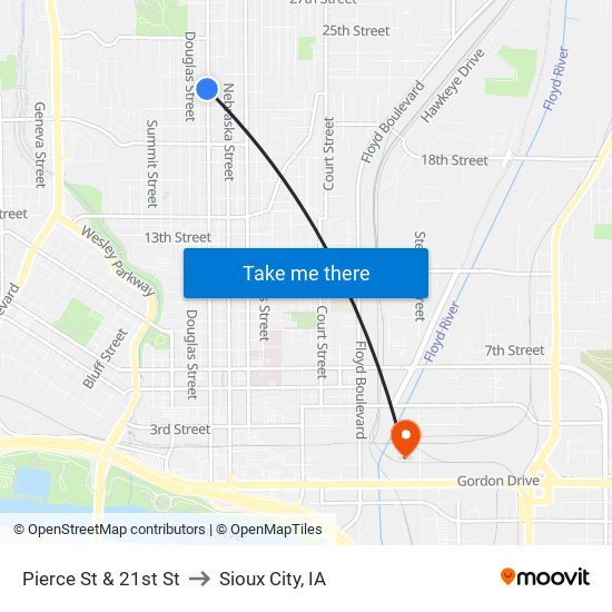 Pierce St & 21st St to Sioux City, IA map