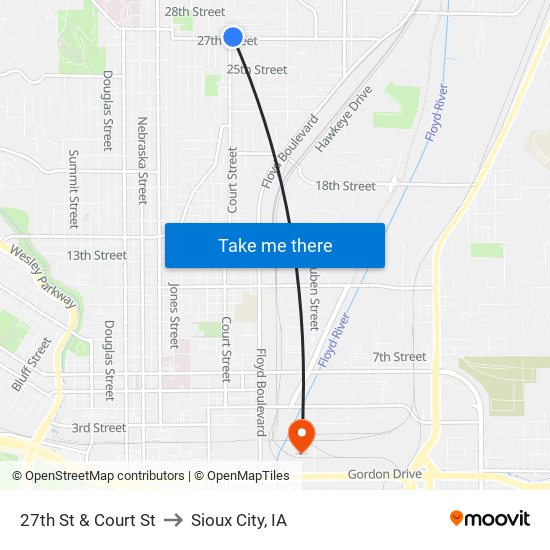 27th St & Court St to Sioux City, IA map