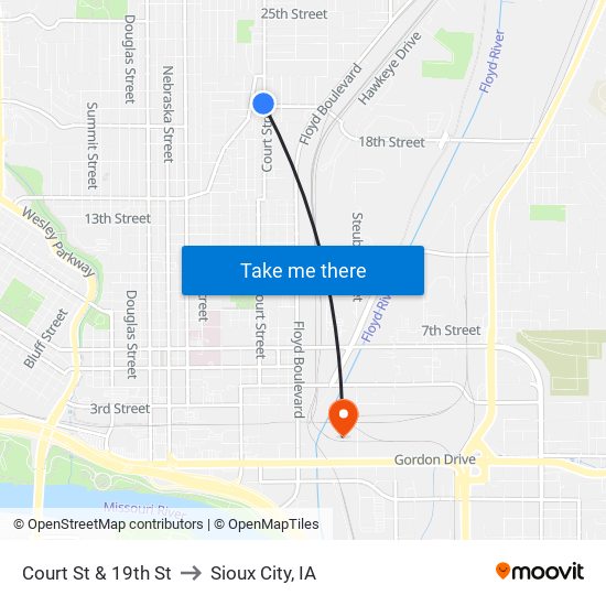 Court St & 19th St to Sioux City, IA map