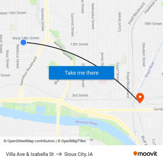 Villa Ave & Isabella St to Sioux City, IA map