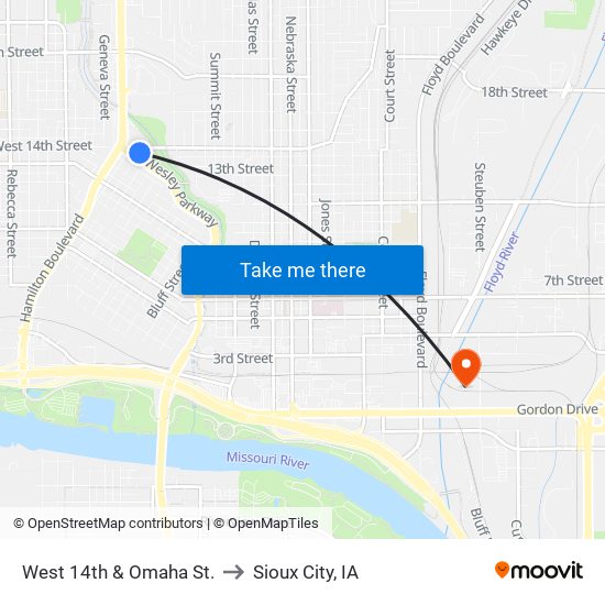 West 14th & Omaha St. to Sioux City, IA map