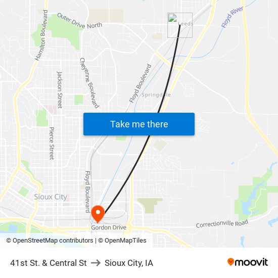 41st St. & Central St to Sioux City, IA map