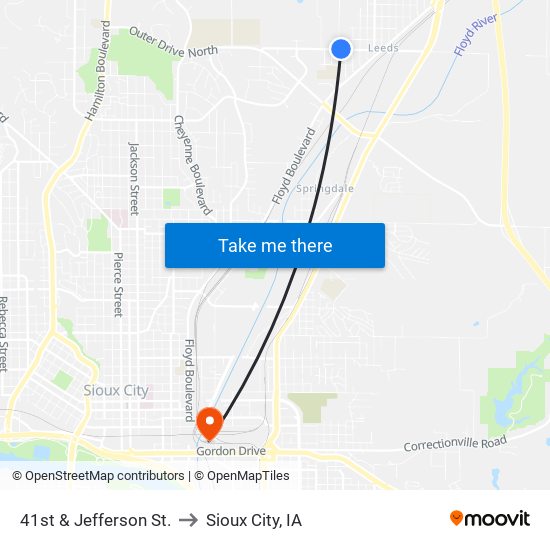 41st & Jefferson St. to Sioux City, IA map