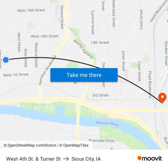 West 4th St. & Turner St to Sioux City, IA map