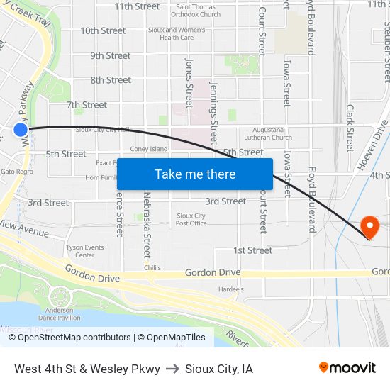 West 4th St & Wesley Pkwy to Sioux City, IA map