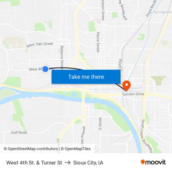 West 4th St. & Turner St to Sioux City, IA map